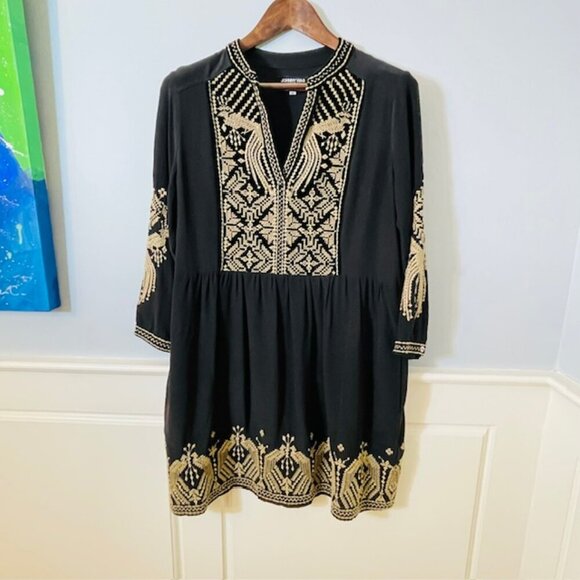 Johnny Was 100% Silk Embroidered Dress Black/Tan Himmel Boho Tunic Dress Medium - Picture 2 of 7